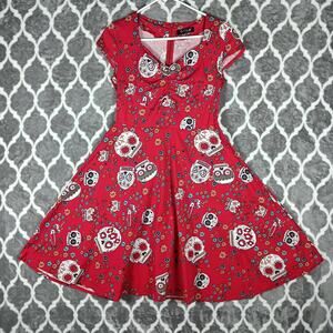 Oten Dress Womens Medium Red Sugar Skull Floral Day of the Dead Cap Sleeve Retro